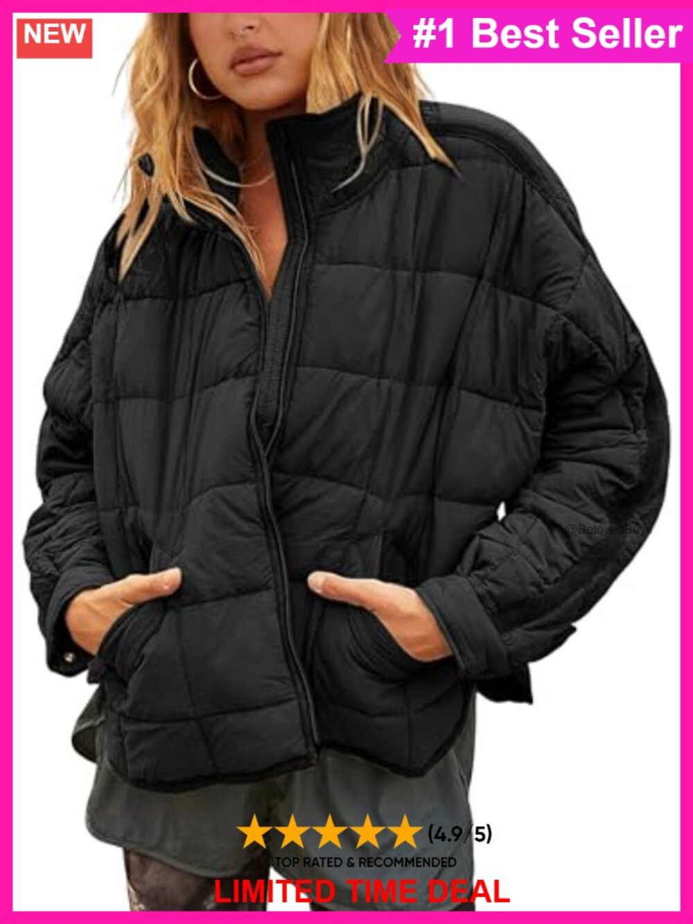 Quilted Lightweight Puffer Jacket Baggy Fit Stand Collar Women's Coat